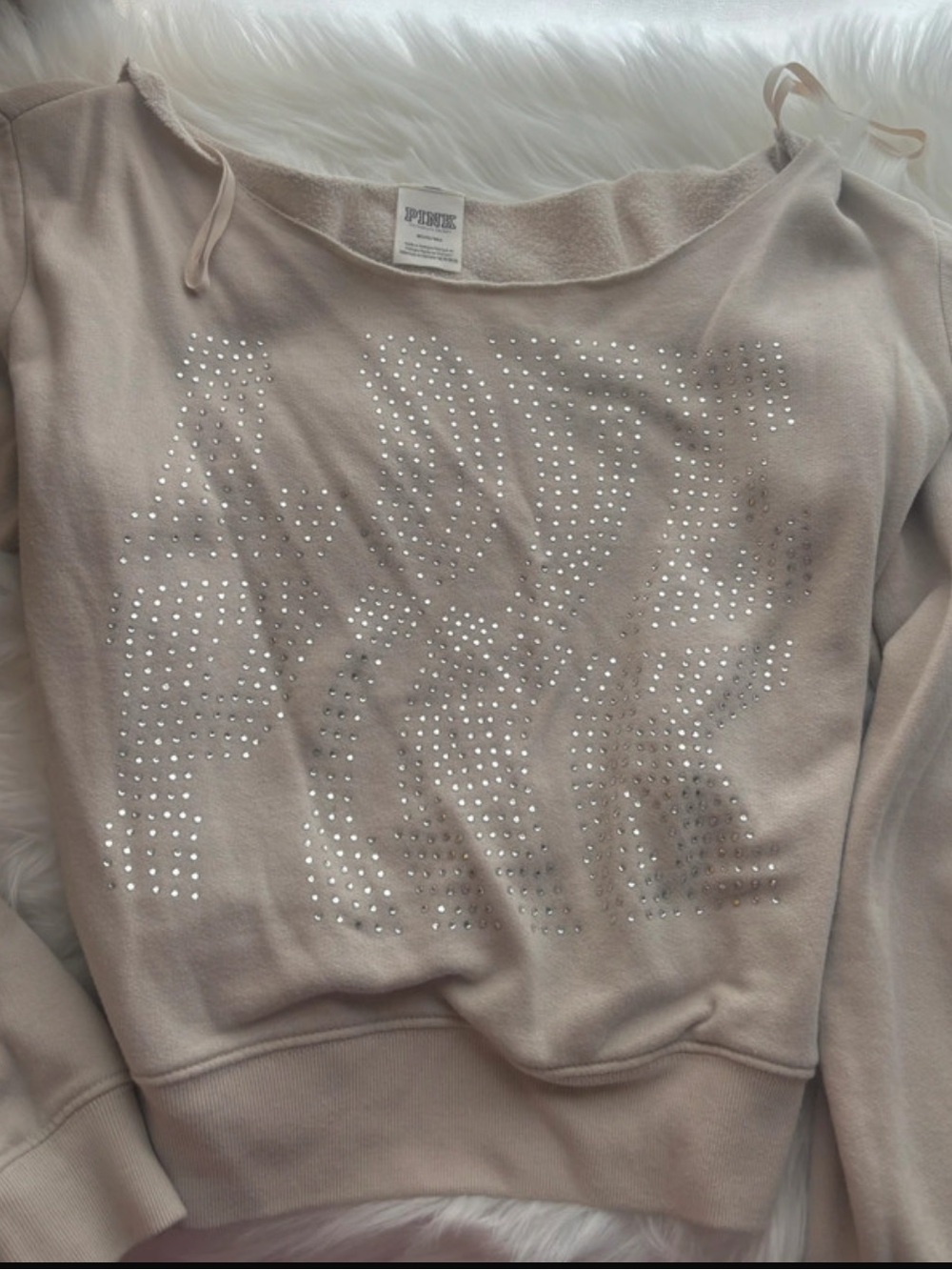 PINK Embellished Off-Shoulder Sweatshirt in Light Beige